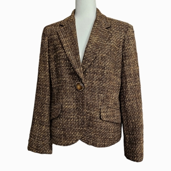 Jones New York brown and cream jacket blazer wool blend 1-button snap closure 12 - Picture 8 of 15